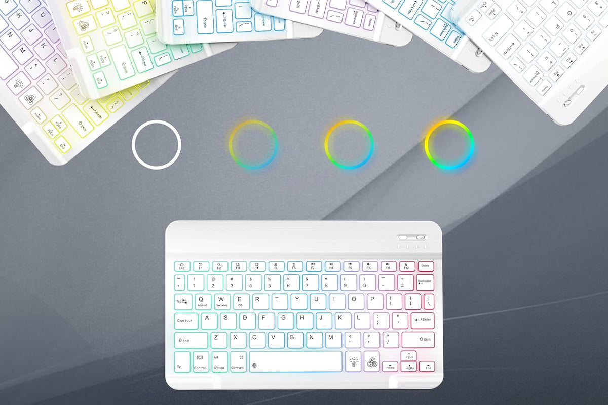 Ultra thin Bluetooth Keyboard and Mouse Combo for iPad Rechargeable RGB Wireless Keyboard Mouse 7-Color Backlit-White