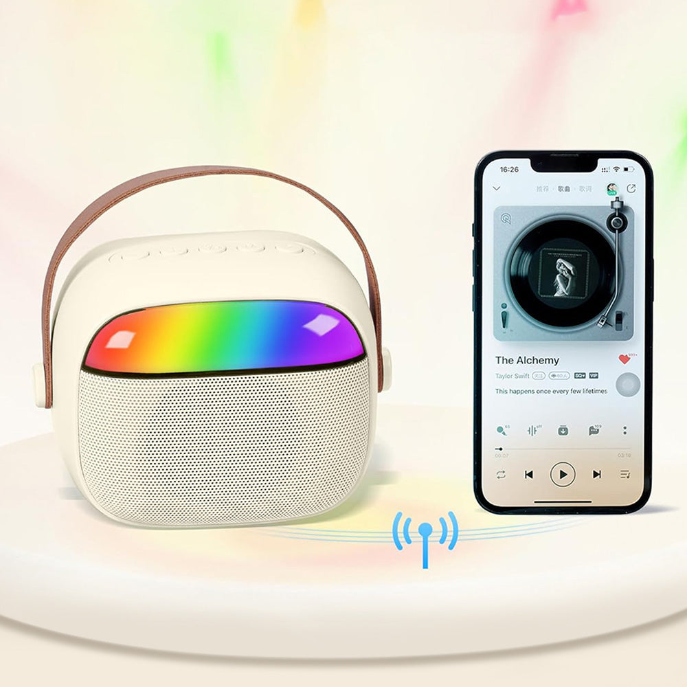 Mini Karaoke Machine with 2 Wireless Microphones Portable Bluetooth Speaker Singing Machine Beige
