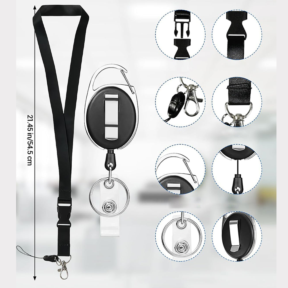 2Pcs Retractable Badge Holder with Lanyard for ID Cards-Black