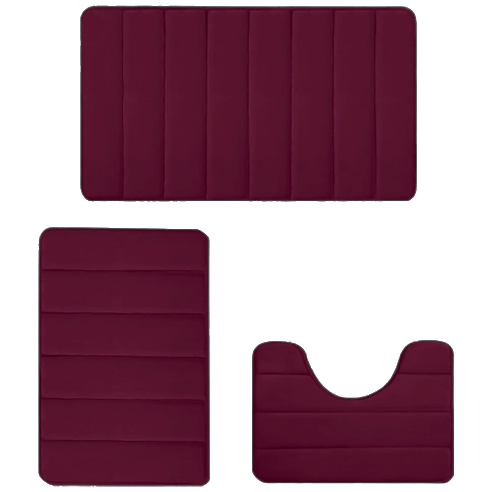 3 Pieces Set Water Absorption Bathroom Floor Mats Non-Slip Bath Mats Wine Red