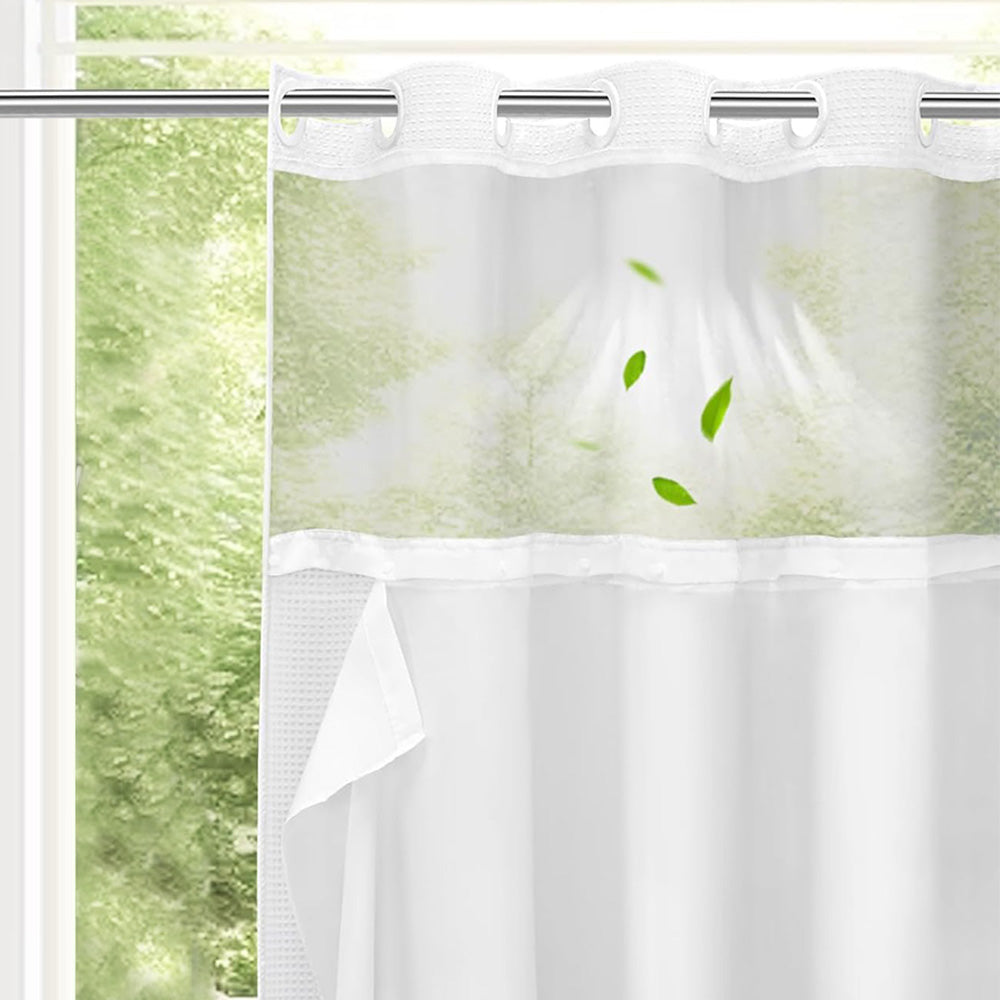 No Hook Shower Curtain with Snap in Fabric Liner Set Waffle Textured Shower Curtain for Bathroom White