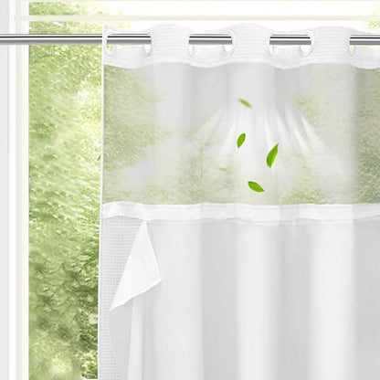 No Hook Shower Curtain with Snap in Fabric Liner Set Waffle Textured Shower Curtain for Bathroom White