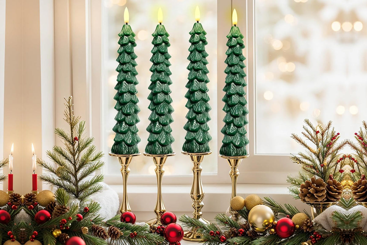 4Pcs Christmas Tree Candles LED Flameless Taper Candles 3D Wick Lifelike Leaves Dinner Xmas Holiday Decoration