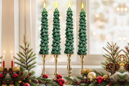 4Pcs Christmas Tree Candles LED Flameless Taper Candles 3D Wick Lifelike Leaves Dinner Xmas Holiday Decoration