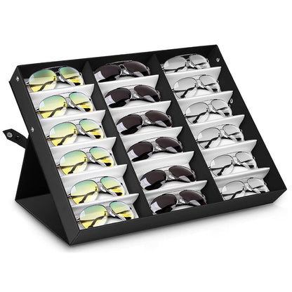 18-Slot Sunglasses Organizer Box Eyewear Display Tray Snap Close Nylon Eye Glasses Case