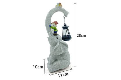 Solar Lights Garden Elephant Statue Outdoor Decor with Garden Gnome and Solar Lantern Outside Patio