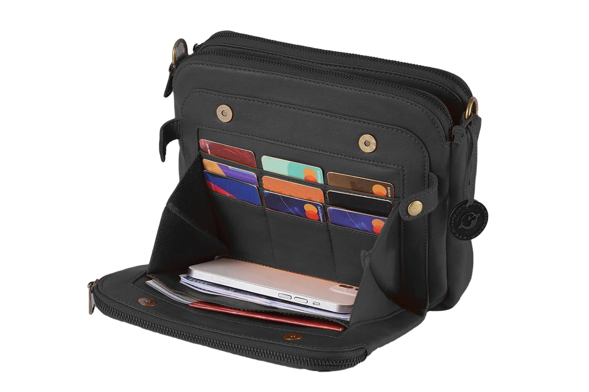 Soft Trendy Three Layer PU Leather Crossbody Purse Shoulder Bag Handbags-Black