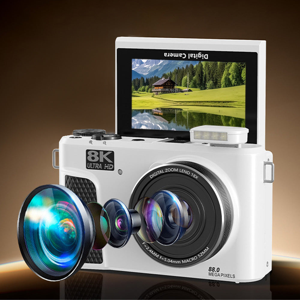 8K Digital Camera with Flip Screen and Remote Control-White