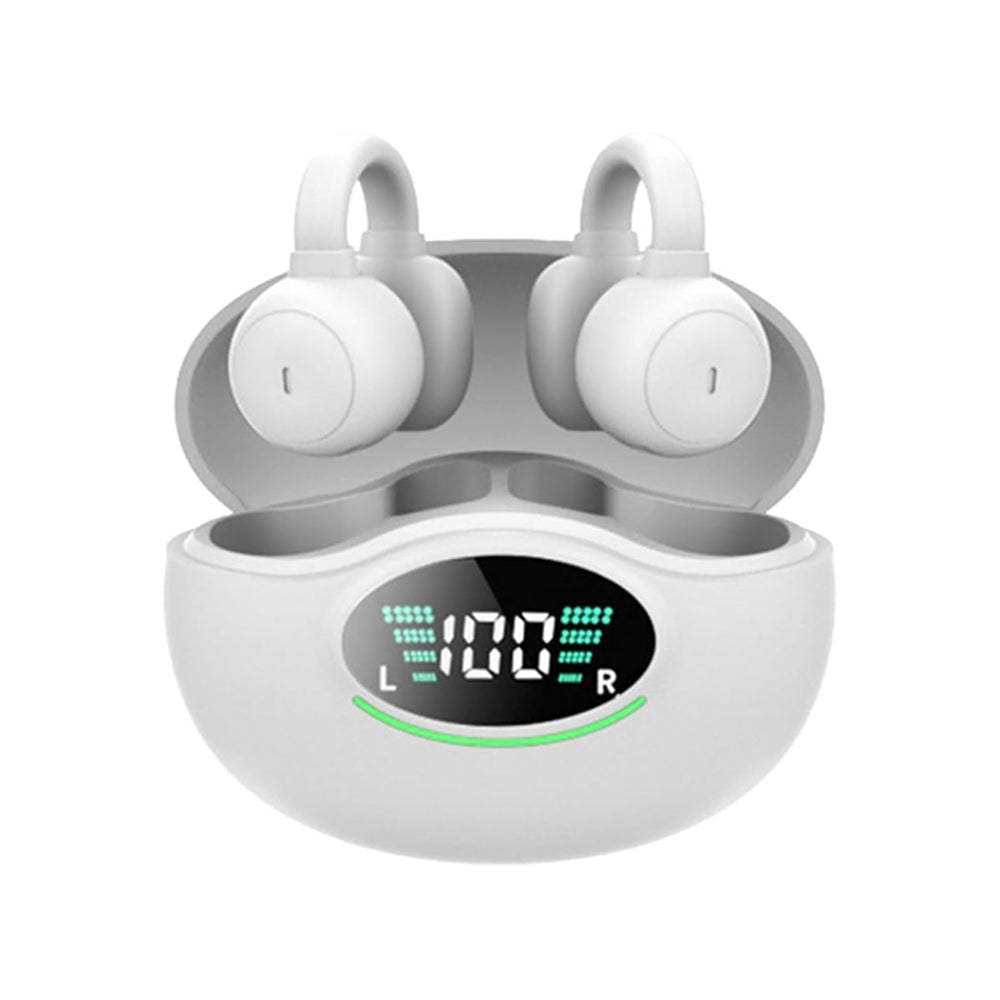 Bluetooth 5.3 Ear Clip Headphones Wireless Sports Earbuds with LED Display Charging Case White