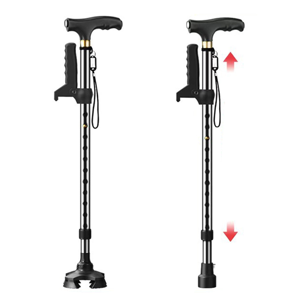 Folding Support Cane Adjustable Height LED Light Quad Base For Daily Use