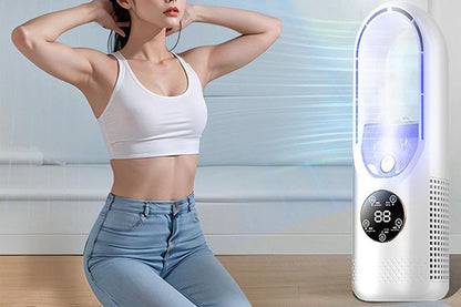 Desk Bladeless Fan with Humidifier USB-Powered Portable Air Conditioner Fan with LED Display-White