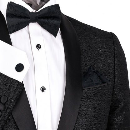 4 Piece Mens Jacquard Pre Tied Bow Tie Pocket Square and Cufflink Set - Black