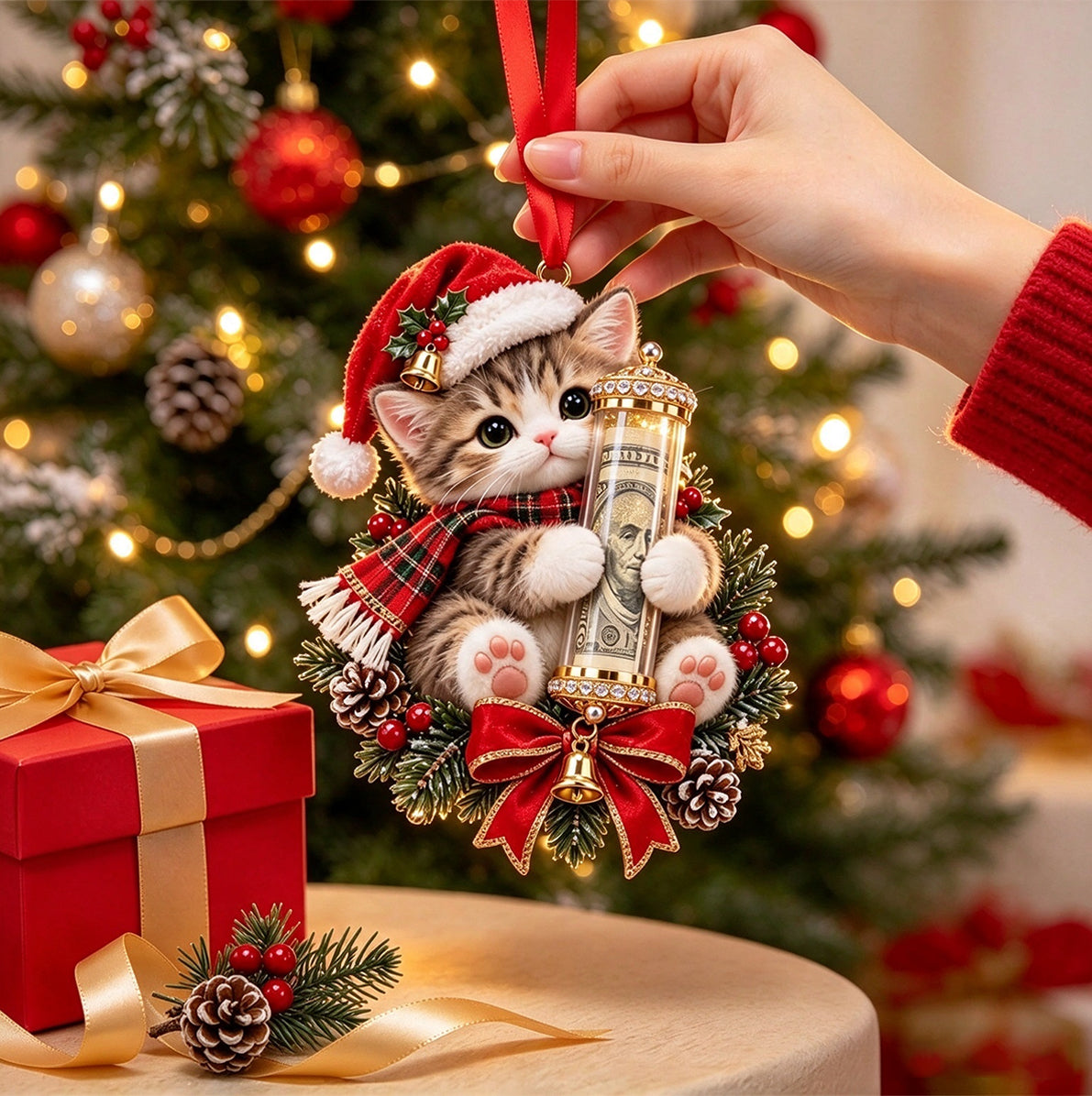 5 Piece Christmas Cash Holder Animal Ornaments with Clear Money Tubes