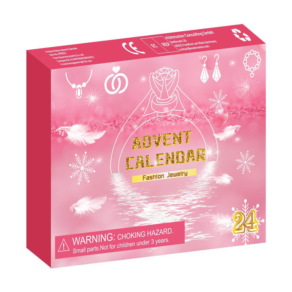 Christmas Jewelry Advent Calendar Set Earrings Rings Necklaces - Pink