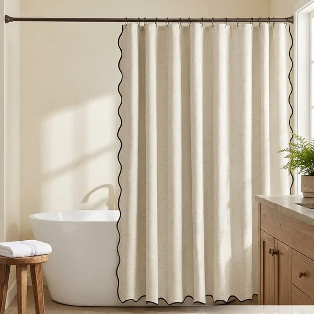 Waterproof Shower Curtain Thick Boho Wavy Edge With Rustproof Hooks-Beige