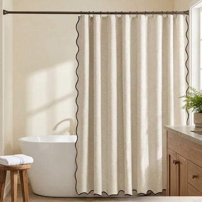 Waterproof Shower Curtain Thick Boho Wavy Edge With Rustproof Hooks-Beige