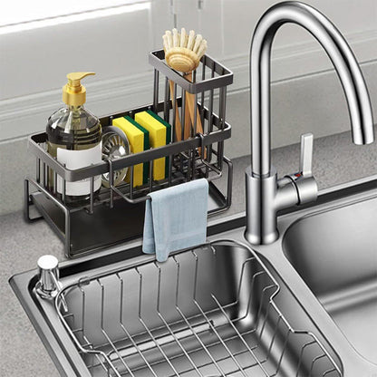 Multifunctional Carbon Steel Sink Caddy Sponge Brush Towel Organizer with Drip Tray