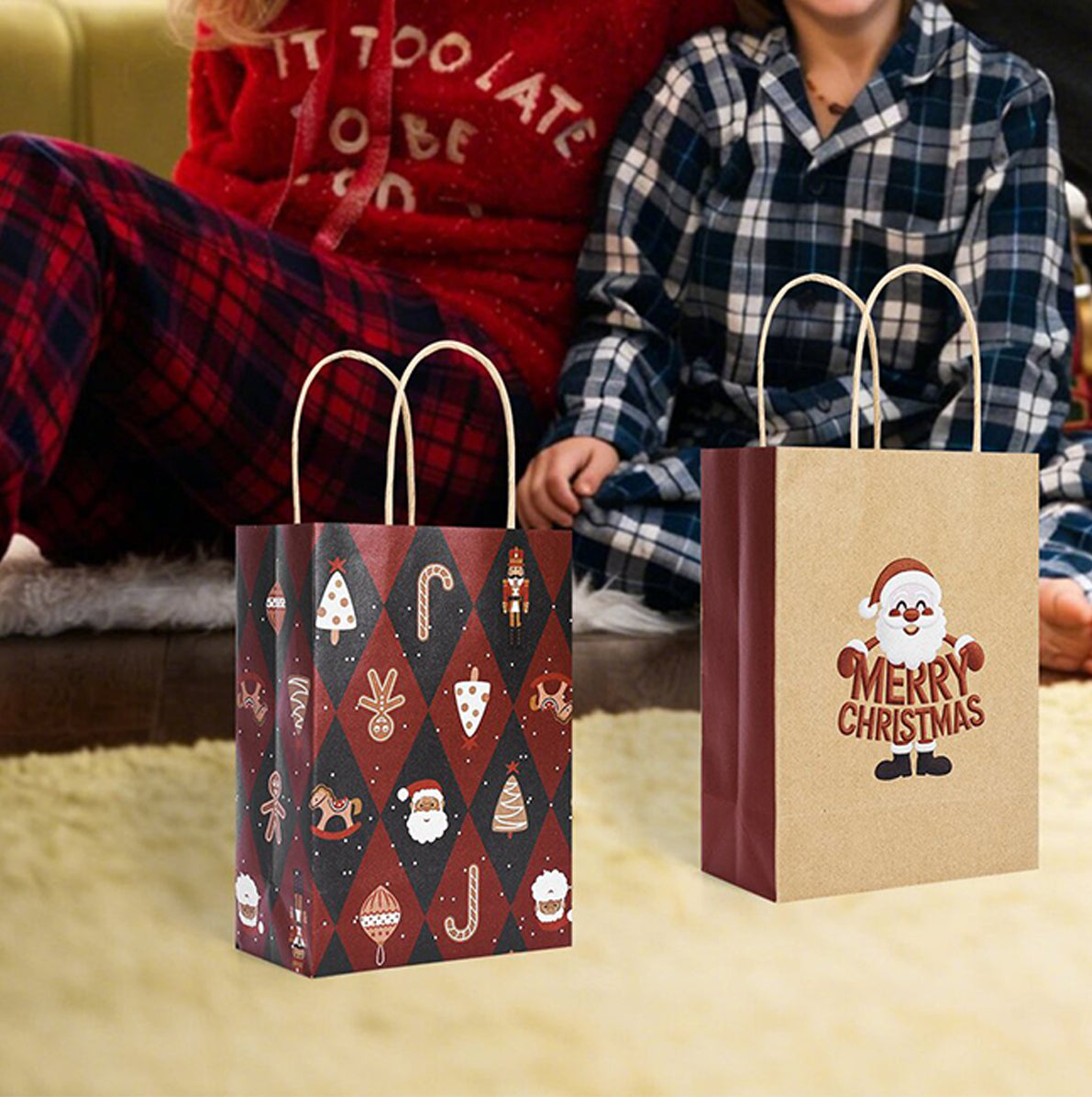 12 Pack Kraft Paper Christmas Gift Bags with Handles in 6 Designs