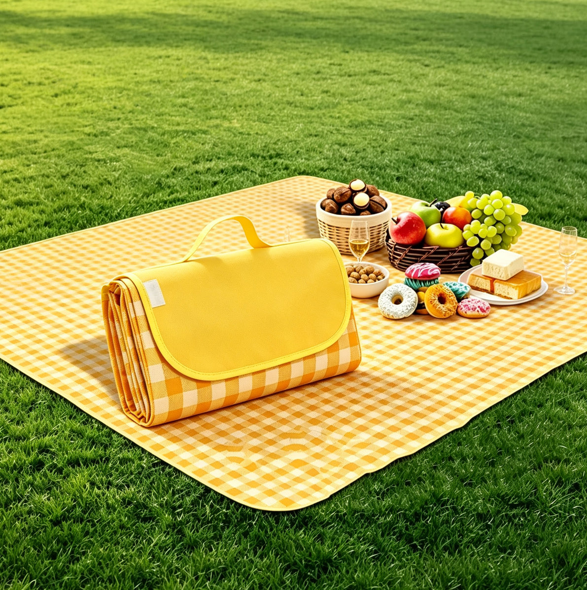 Oxford Picnic Blanket Roll Up Portable Camping Mat - Yellow Plaid