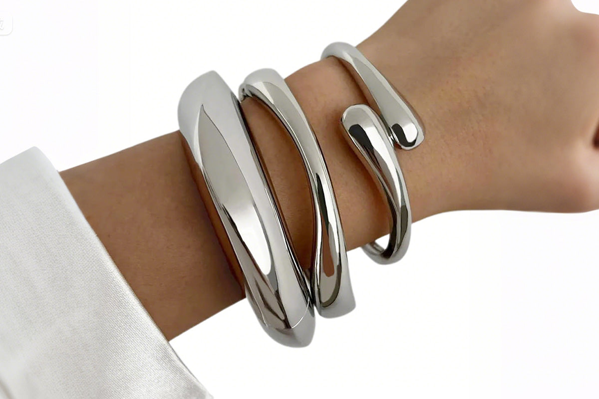 3Pcs Chunky Gold Bangle Bracelets Wide Wrist Cuff Stackable Jewelry Gift-Silver