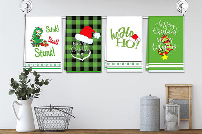 4Pcs Set Christmas Kitchen Towels Grinch Hand Inspirited Towel Merry Christmas Decorative Xmas Absorbent Dish Towels-Style 1