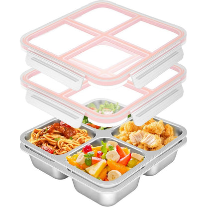 2Pcs Stainless Steel Snack Box With 4 Compartments Divided Meal Prep Container-Pink
