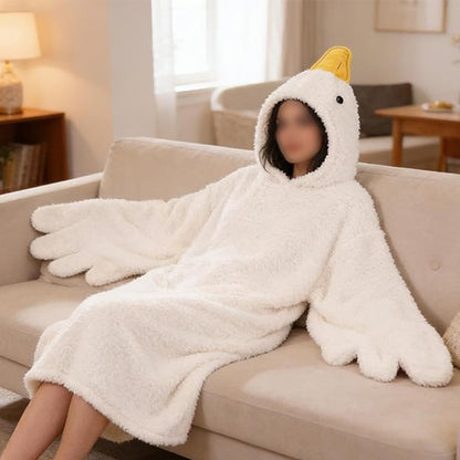 Oversized Cartoon Goose Hoodied Blanket Fleece Onesie - White