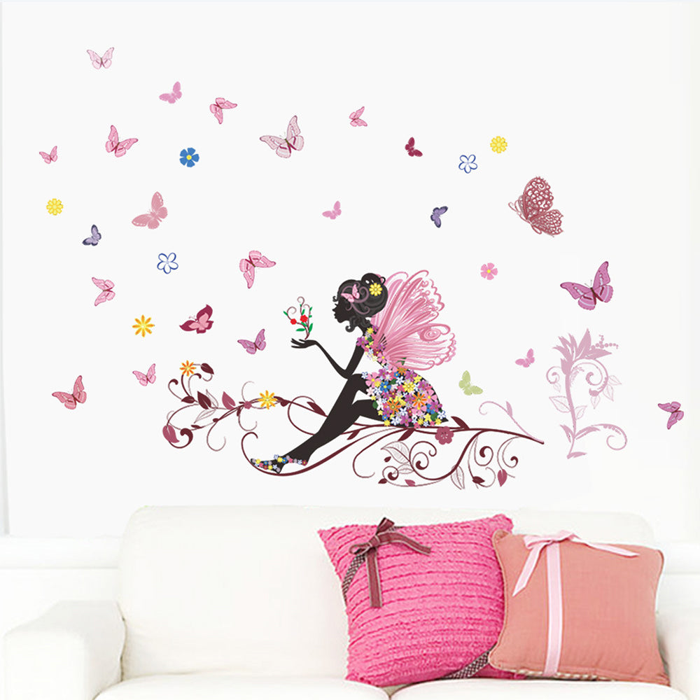 Butterfly Girl Wall Decal Flower Fairy Wall Sticker Colorful Butterflies Wall Decor