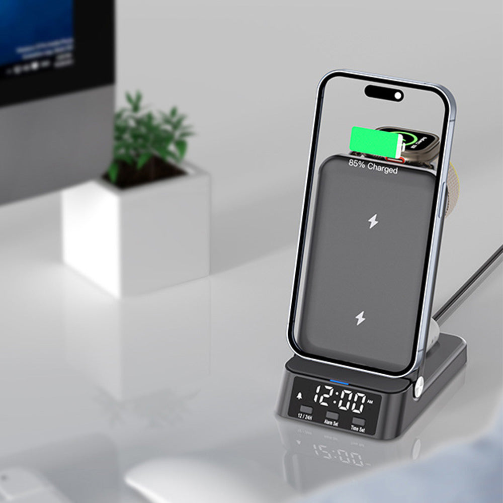 3-in-1 Wireless Charging Station with Digital Alarm Clock Fast Charging Dock for Samsung Black