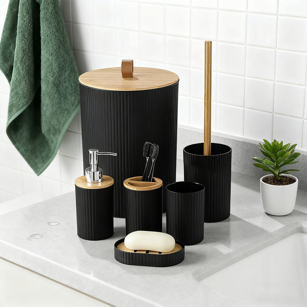 6 Pcs Bathroom Wash Set with Bamboo Lids and Plastic Body -Black