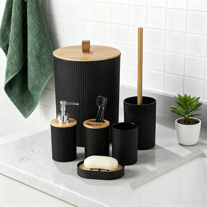 6 Pcs Bathroom Wash Set with Bamboo Lids and Plastic Body -Black