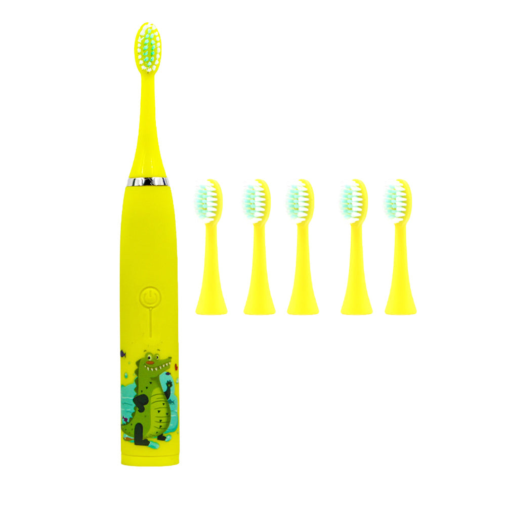 Kids Cartoon Electric Toothbrush Rechargeable Speed Control Toothbrush with 6 Replacement Heads Yellow