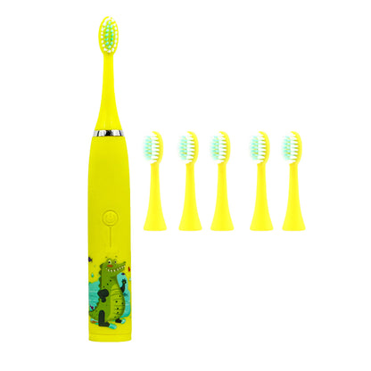 Kids Cartoon Electric Toothbrush Rechargeable Speed Control Toothbrush with 6 Replacement Heads Yellow