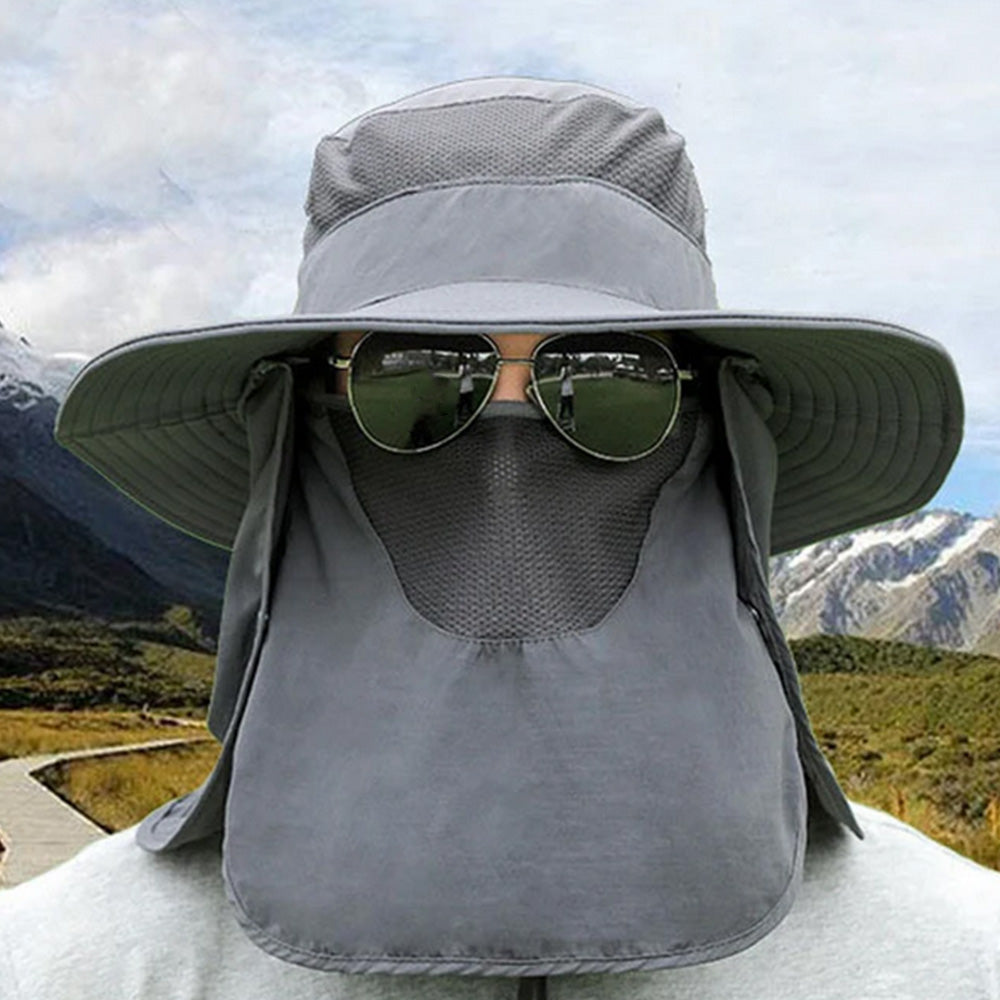 Sun Protection Fishing Cap Wide Brim Hat With Neck Flap And Face Cover-Dark Grey