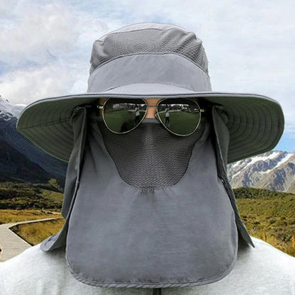 Sun Protection Fishing Cap Wide Brim Hat With Neck Flap And Face Cover-Dark Grey