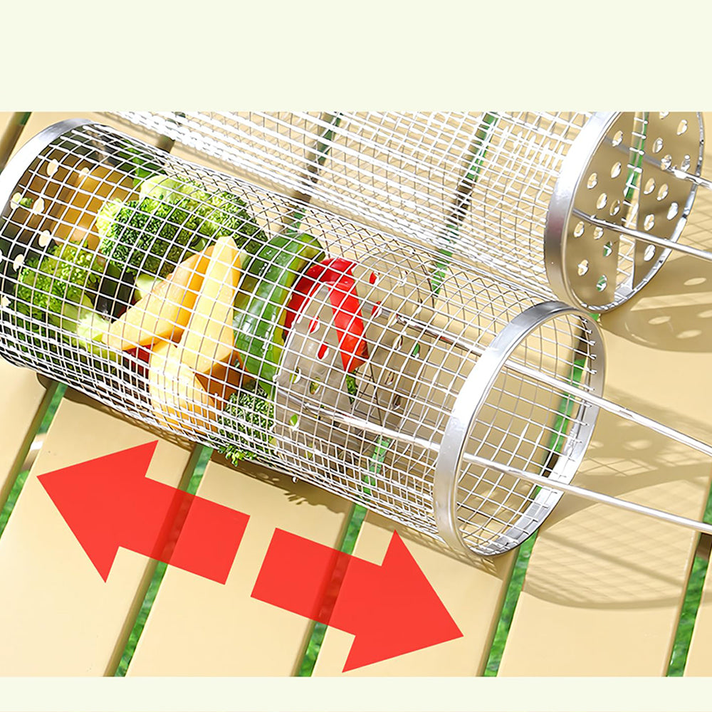 2 Pack Rolling Grill Basket Locking Lid Stainless Steel BBQ Cage