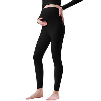 Maternity Leggings Pregnancy High Waist Warm Thermal Pants with Adjustable Belly Band-Black