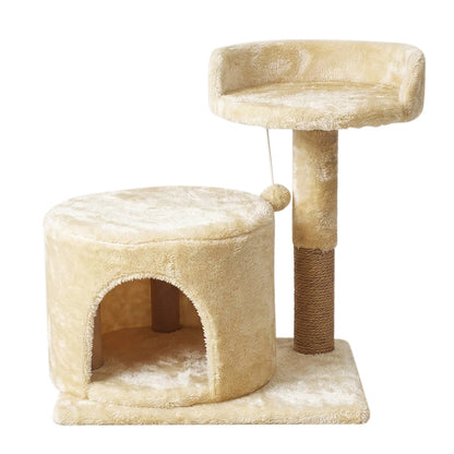 Small Cat Tree Tower with Enclosed Condo Scratching Post and Hanging Toy - Beige