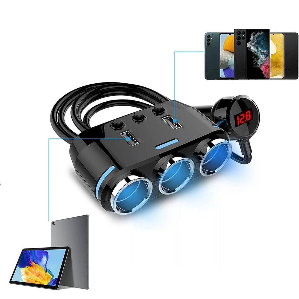 3 Way 12V Car Cigarette Lighter Splitter Dual USB Charger Digital Display