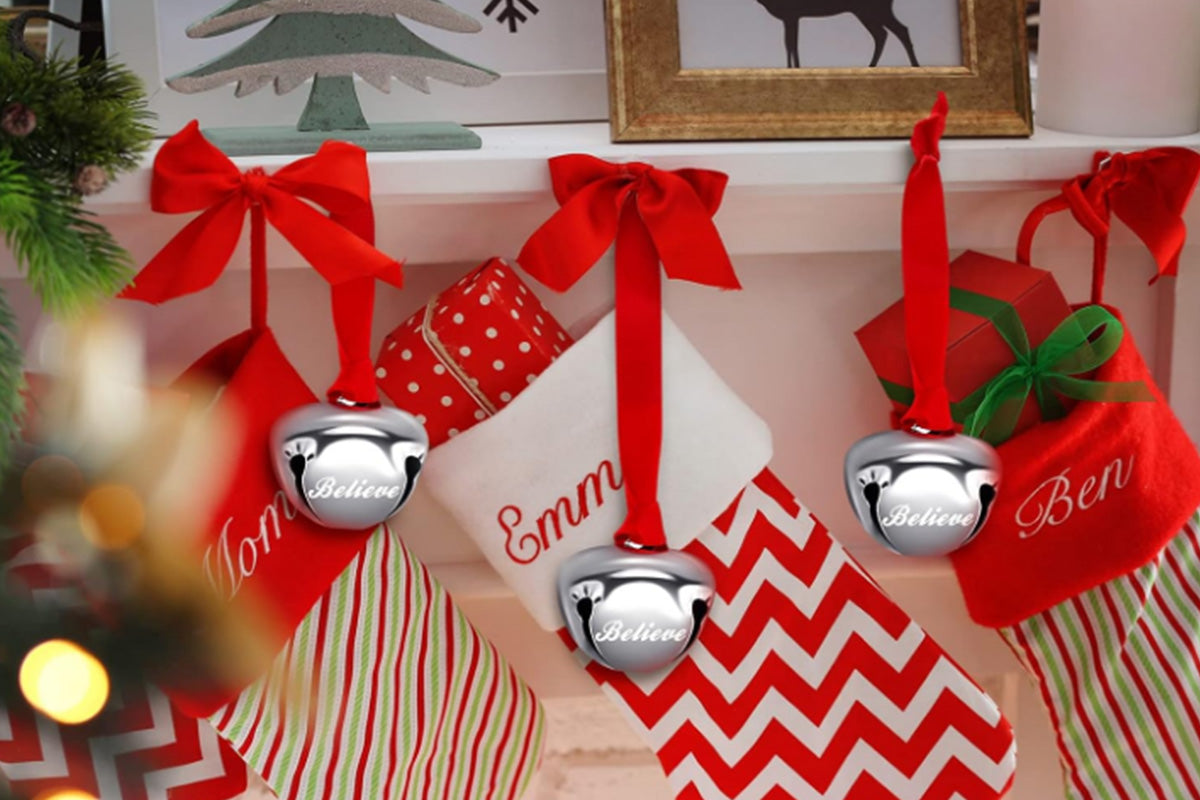 20Pcs Christmas Believe Bell Ornaments Silver Santa Sleigh Bell