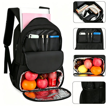 2 in 1 Large Capacity Laptop Backpack and Insulated Lunch Bag for Office Travel-Black