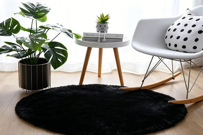 Fluffy Round Plush Area Rug Non Slip Carpet - Black