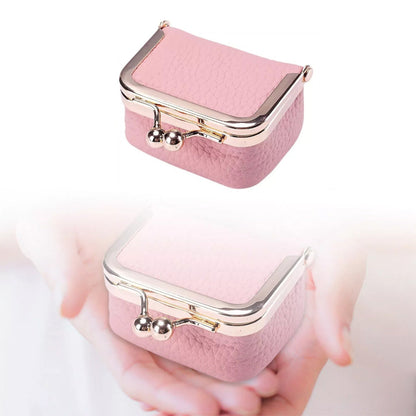 Mini Genuine Leather Jewelry Box Portable Vintage-Inspired Jewelry Case with Kiss Lock for Earring Ring Pink
