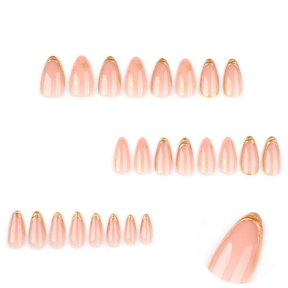 Press on Nails Almond Fake Nails with Gold Hexagram Full Cover Stick on Nails