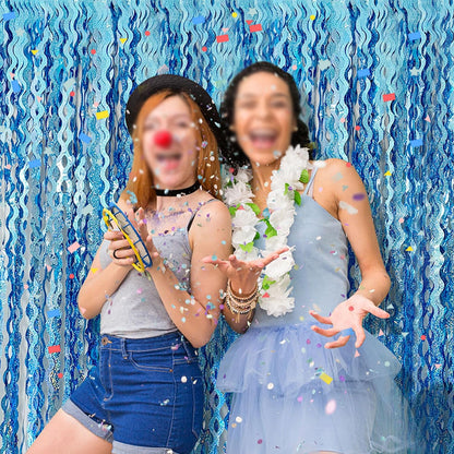 2 Piece Fringe Curtains Shiny PET Streamer Party Backdrop - Blue