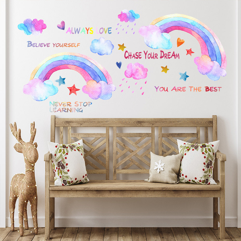 Watercolor Rainbow Wall Decals Rainbow Stars Raindrop Clouds Wall Sticker