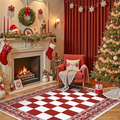 Christmas Plaid Short Pile Rug with Non Slip Rubber Backing - Red plaid