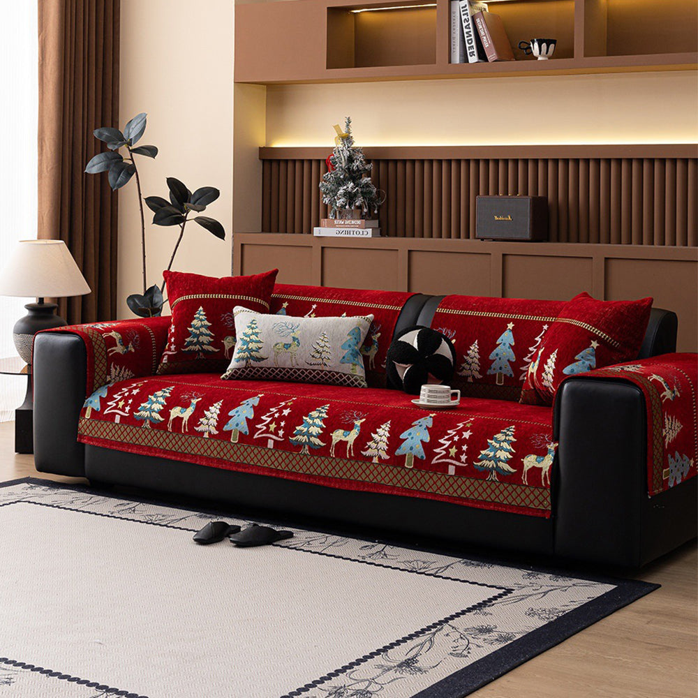 Christmas Deer Chenille Sofa Cover Scratch Resistant Sofa Protector - Red