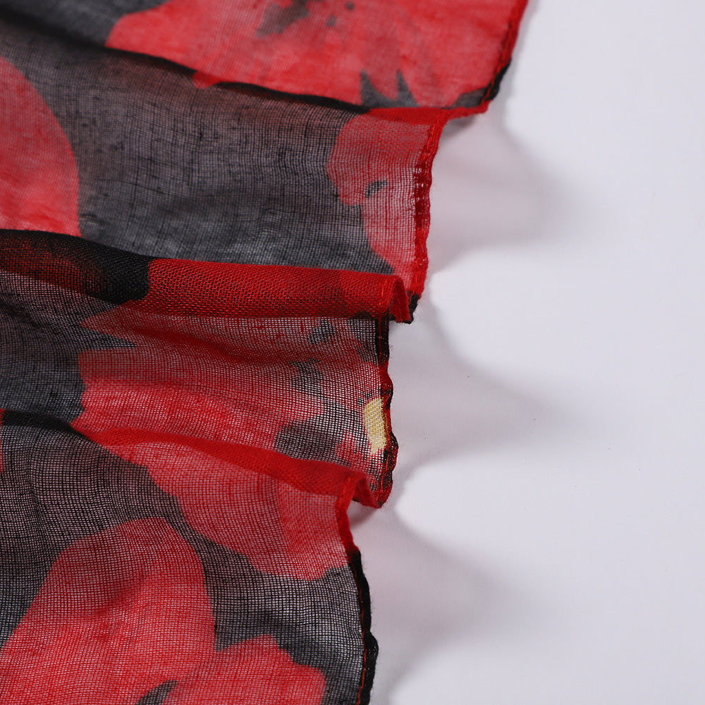 Vintage Floral Polyester Scarf Shawl for Travel and Sun Coverage - Black