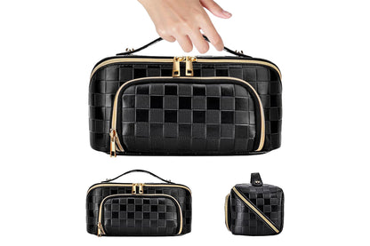 Large Capacity PU Leather Water-Resistant Checkered Cosmetic Bag Travel Makeup Bag-Black